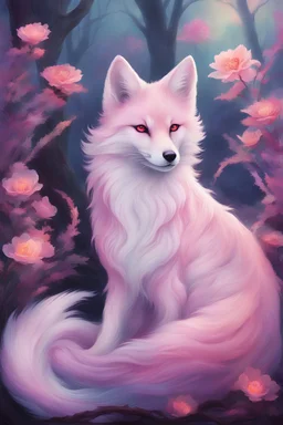 A whimsically ethereal kitsune with an otherworldly presence, its form seems to dance amidst the photograph: vivid hues of pinks and purples intertwine to create an otherworldly glow, while translucent wisps of ghostly tails trail behind. The mischievous eyes, gleaming with playful mischief, peer out from a fluid mixture of colors that give the illusion of movement. This enchanting scene, captured in an intricately detailed photograph, showcases the photographer's skill, --chaos99