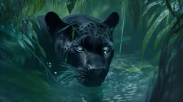 A black panther looking down in water inside a jungle.