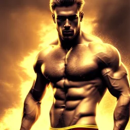 Ignore NSFW, teenager young rugged attractive slightly muscular fantasticly handsome blonde man, red briefs with yellow belt, hairy chest, (((visibly pisssing))) briefs, large erect visible boner peniss, photorealistic, artist Jay Anacleto, soft lighting, scruffy beard