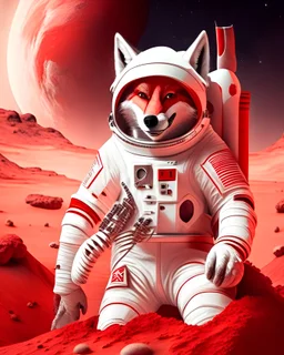 2d anthropomorphic wolf in white and red astronaut suit on Mars