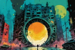 create a wildly abstract and chaotic illustration of an inter-dimensional portal to a highly detailed fetid, gaseous and decayed future Istanbul, utilizing asymmetric structural forms, in the comic book art style of Bill Sienkiewicz, Mike Mignola, and Jean Giraud Moebius, finely textured, drawn, colored, and inked