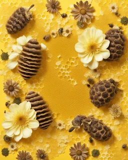 honeycomb and beehive on a yellow floral background, reailistic image