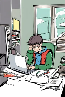 Lonely boy in a pc doing homework very nervous, coloured comic style,