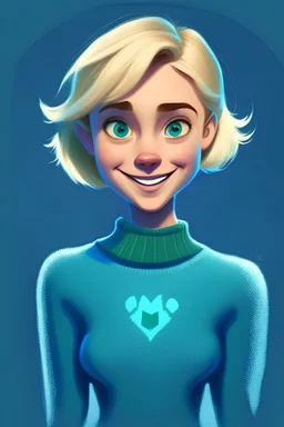 a Disney face girl with a full body image and flooded arms, with short blonde hair, big green eyes, a blue Pullover, dark blue background,, smile on her face, symmetric face