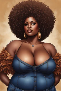 create a urban art illustration of a plus size dark skinned black female wearing Tight blue jeans and a hazel brown off the shoulder blouse. Prominent make up with long lashes and hazel eyes. She is wearing brown feather earrings. Highly detailed full black tight curl afro