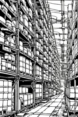 Tokyo, industrial warehouses, line arts, manga style