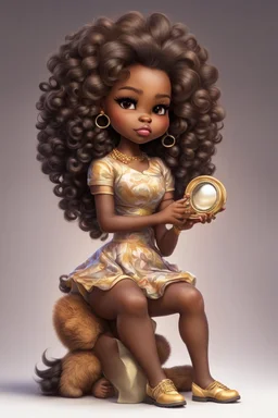 An adorable air brushed cartoon chibi Leo black girl sitting crossed-leg, holding a tiny mirror and applying brown lipstick with precise care. Concentrating hard, her giant curly mane and poofy dress give her a cute lion cub look. Despite her small stature, her proud posture and flair represent her lion-like personality.