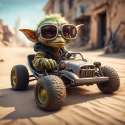 airbrush with pen outline, cool pimp gremlin driving dune buggy against a wall wearing driver gloves, wearing flip down sun glasses, in the style of a fallout 4,bokeh like f/0.8, tilt-shift lens 8k, high detail, smooth render, down-light, unreal engine, prize winning