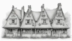 A front elevation fine line drawing of a row of ramshackle fantasy cottages.