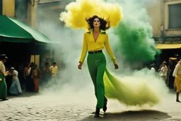 [iconic color photo by Helmut Newton] EMeRGENCE: Her bended figure emerged from the chaos, surrounded by the swirling backdrop of yellow dust and billowing smoke that cloaked the attack in the bustling yellow market plaza. An Italian woman clad in plush green trousers and a worn velvet green pull-over, her back heaving with urgency, navigated the labyrinthine alleys with a grace born of desperation.