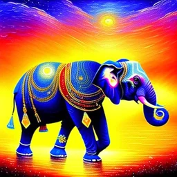 Dibujo al oleo de un elefante indio pintado con muchas nubes de colores estilo Vincent van Gogh