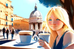 contented cute blonde blue eyed chibi woman drinking coffee in Rome in sunshine