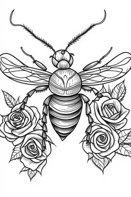 bee with rose idea, line art, background, vector, svg, black outline on white background, leave plenty of white space beetween lines for coloring, tattoo style, tattoo idea,full body, minimalist