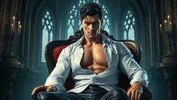A stunning cinematic illustration inspired by modern high-end fantasy animation, with realistic proportions and highly detailed rendering. A handsome muscular dark-haired man around 35 years old sits in an antique Victorian armchair inside a fade light Gothic castle chamber. His partially unbuttoned white shirt reveals part of his chest, paired with elegant black leather trousers. He stares directly toward the viewer dramatic, determined gaze and quiet intensity.