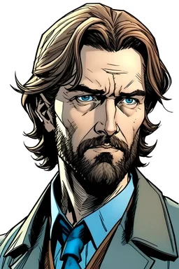 manwho looks like Hans Gruber with scruffy hair, stubble and a judgmental look on his face comic book style