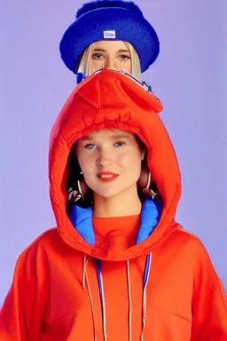 late 1990's women fashion.interesting hoodie with long tippet integrated to bolero -like attachement with pockets which goes up to a Hat with a visor with integrated headphones to it. Karjalainen kuvio, Karjala patterns. dress with strange cut. Colors: denim blue, blue, purple, khaki, "pastel light green", lilac, plum, orange, terracotta, red, pink, dark blue, beige. Women models. Starling pattern prints.Jennifer Lopez, Gwyneth Paltrow. intgrated bag. Big tennis shoes on. Cargo pants.