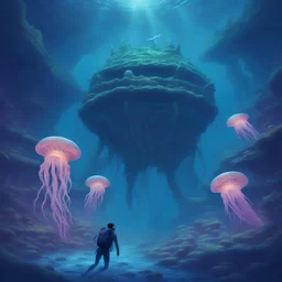 A colossal underwater creature with glowing eyes, silently approaching a diver exploring a sunken city, the ruins covered in seaweed and surrounded by bioluminescent jellyfish