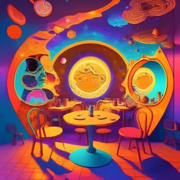 Psychedelic cafe design with hot colors and a mirror space with broken faces and a concept with the sun, moon, stars and galaxy