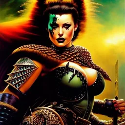 portrait oil on canvas, beautiful punk busty female Savage Barbarian Warrior,green eyes, ,minimal armor,comic book cover, mystical colors,insanely detailed,realistic,intrincate detail, 16k resolution, masterpiece,Frank Frazetta,Alex Horley, Simon Bisley