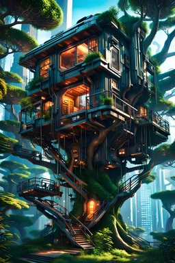 Arte digital 3D de una casa del árbol cyberpunk, hiperdetallada, calidad ultra, increíble obra de arte