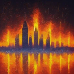 Painting of Skyscrapers. City at night. Big umbrellas. Umbrellas casting shade. From the sky umbrella fall. Umbrellas falling from sky. Open umbrellas. Umbrellas in air. in background Fire as rain. Fire surrounds city. Fireballs falling. Flames in horizon. Clouds that look like fire. Rain that looks like fire.