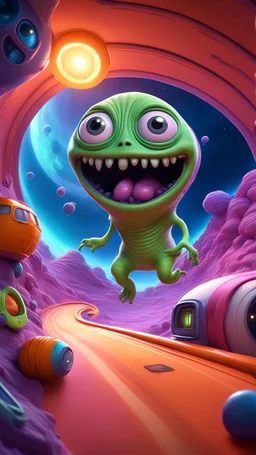 big ass space repugnant hairy alien floating around in space among weird living space camper ship driving down weird twisted track, spell jammer, Pixar-inspired, expertly crafted in a whimsical and vibrant cartoon style. is masterfully rendered in a lifelike 3D design, which captivates viewers with there irresistible charm. The background is filled with warm, inviting colors and a 3D render, creating a cinematic. depth of field