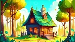 small cute fantasy wooden house near a forest, daytime