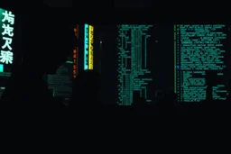 cypher punk silhouette mining code in a Tokyo lab