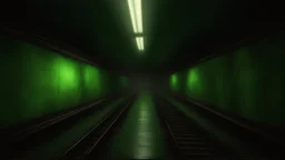 Inside the old subway tracks, . Low light and closed green moss walls. Like the original design of the game space ,digital art.landscape,far camera old painting,2 Chen and George Hopper, Rembrandt lighting, a dark green color scheme, ethereal light. --ar 13:16 --v 6. 0 metro game