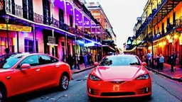 A Tesla's 'Model S Plaid' is racing at top speed, on Bourbon Street, in New Orleans. CINEMATIC. WIDE ANGLE LENS.
