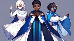 She's diminutive, with brown skin, short black dreadlocks hair. She has indigo blue eyes. She wore a long blue cape over a white dress.