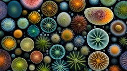 A detailed colourful photomicrograph of a variety of diatoms, the microscopic algae with beautifully intricate silica shells. The image highlights their diverse shapes and patterns, ranging from circular and star-shaped to elongated and complex. Beautiful award-winning photograph, inspiring, rule of thirds, balanced delightful composition, perfect lighting, superb detail, 16k render