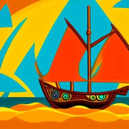 Small wooden ship, with bright sails, Legend Of Zelda: Wind Waker style, on a vast ocean, stylized, colorful, adventurous, full view.