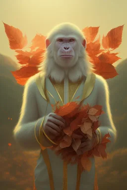 Ape portrait , detailed hands, at dawn by atey ghailan, golden light , white robe, holding leaves and flowers , angels background, volumetric light, high detail, red leaf tree, mountains in background, perfect