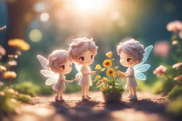 cute chibi fairy couple planting flowers in sunshine, ethereal, cinematic postprocessing, dof, bokeh