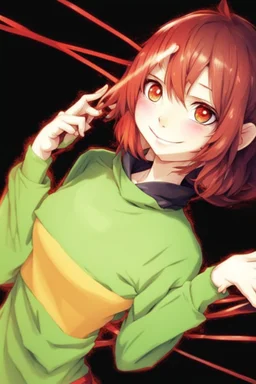 Manga style, Give the character a mischievous smile, put a green hood on her, a green blouse on top too, and a red scarf with several other colors