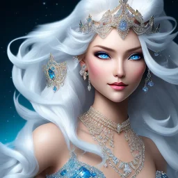 Ice Princess with white hair smilling, a crown with precious stones, bright background