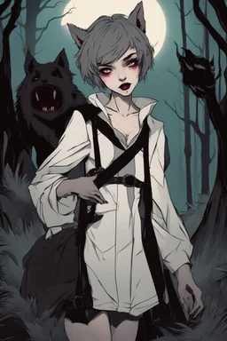 vampire girl showing fangs with short cropped cyberpunk hair wandering with her wolf in tangled forest in the moonlight