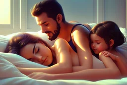 Digital painting of dad cuddling two beautiful young teenage girl in a swimsuit on a bed. eating a banana. with dad, artstation, 8k, extremely detailed, ornate, cinematic lighting, vivid.