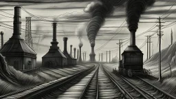 Illustration of an industrial landscape with a monochromatic color scheme, created with charcoal on paper. The scene is dominated by a series of electrical towers and factory smokestacks emitting dark plumes of smoke into the sky. A railway track curves through the landscape, with a small train visible in the distance. A man, around 50 years old, is walking along a path next to a fence. The overall style is reminiscent of industrial-era art, with a focus on texture and atmosphere. The use of cha