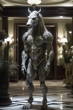 a werewolf humanoid unicorn equisapien lycanthrope male standing in a liminal garden hotel lobby