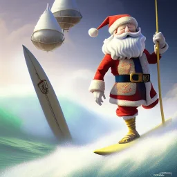 Santa standing of surfboard surfing a big wave, surfboard, beach, character design by cory loftis, fenghua zhong, ryohei hase, ismail inceoglu and ruan jia. unreal engine 5, artistic lighting, highly detailed, photorealistic, fantasy