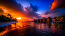 Amazing sunset panorama at Maldives. Luxury resort villas seascape with soft led lights under colorful sky. Beautiful twilight sky and colorful clouds. Beautiful beach background for vacation ...