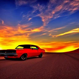 muscle car, desert road, sunset, full colour,