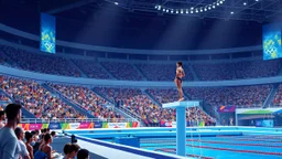 Create a detailed scene depicting a contemporary Olympic diving venue. The setting should include an audience of spectators watching the event, with a focus on a woman poised on the diving board, preparing to dive. Please include elements such as the design of the diving platform, the atmosphere of the crowd, and the overall ambiance of the venue. The output should be structured as a vivid description, capturing the energy and excitement of the moment.