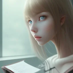 female student studying by the window, anime style,perfect face, cool face, ultra detail, unreal engine 5, cinema4d, sun light, studio lighting --ar 1:1 --v 4