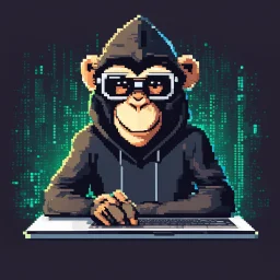 A grinning Monkey sitting in front of a laptop, hacking systems, wearing a hoodie and sunglasses. Matrix in background. Pixel Art. Profile Picture. Avatar. Pixel
