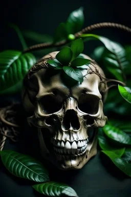 human skull with real snake between te leaves