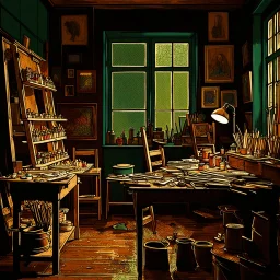 inside art studio, art supplies, imbued with cold raining hues, exuding an old-fashioned charm