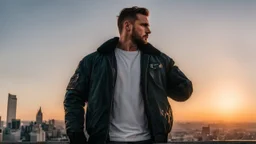 An Englishman in a bomber jacket standing to one side of a tall building looking across a city at sunset